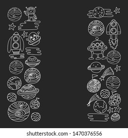 Space doodle pattern with teacher and students in doodle style. School, children. Science education, learning.