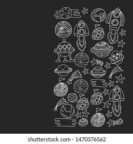 Space doodle pattern with teacher and students in doodle style. School, children. Science education, learning.