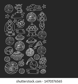 Space doodle pattern with teacher and students in doodle style. School, children. Science education, learning.