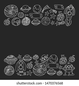 Space doodle pattern with teacher and students in doodle style. School, children. Science education, learning.