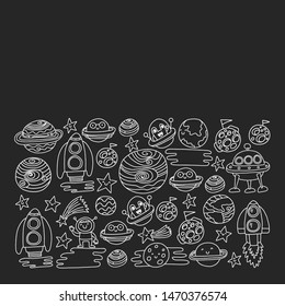 Space doodle pattern with teacher and students in doodle style. School, children. Science education, learning.