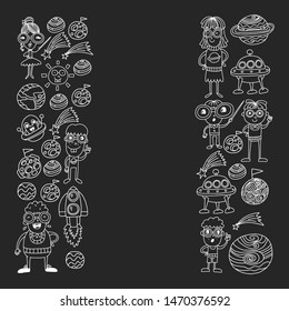 Space doodle pattern with teacher and students in doodle style. School, children. Science education, learning.