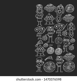 Space doodle pattern with teacher and students in doodle style. School, children. Science education, learning.