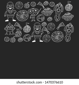 Space doodle pattern with teacher and students in doodle style. School, children. Science education, learning.