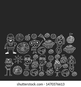 Space doodle pattern with teacher and students in doodle style. School, children. Science education, learning.