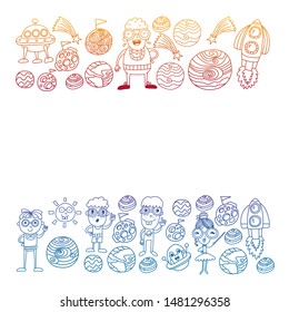 Space doodle pattern with teacher and students in doodle style. School, children. Science education, learning.