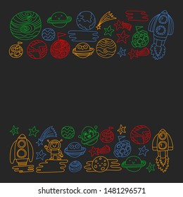 Space doodle pattern with teacher and students in doodle style. School, children. Science education, learning.