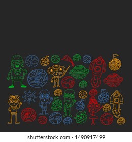Space doodle pattern with teacher and students in doodle style. School, children. Science education, learning.