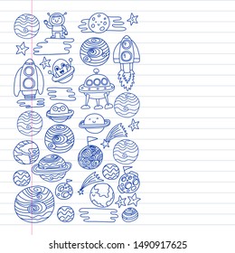 Space doodle pattern with teacher and students in doodle style. School, children. Science education, learning.