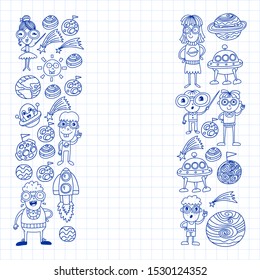 Space doodle pattern with teacher and students in doodle style. School, children. Science education, learning.