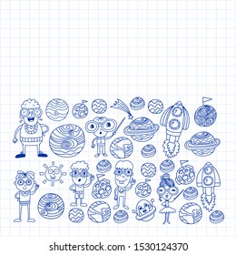 Space doodle pattern with teacher and students in doodle style. School, children. Science education, learning.