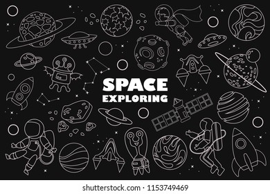 space doodle. planet, astronaut, UFO. vector illustration. Black background