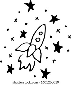 space Doodle. The rocket flies among the stars. Black stroke, hand drawing elements. Rocket with portholes and fire from the engines. Vector illustration. Isolated on white background