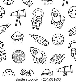 Space doodle seamless pattern with black and white color. Set of space and astronomy doodle