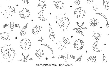 Space doodle seamless pattern. Outline space elements stars planets spaceships