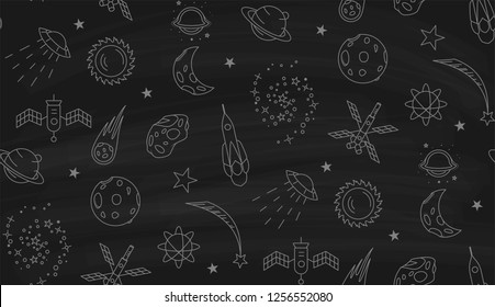 Space doodle seamless pattern. Outline space elements stars planets spaceships