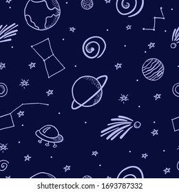 Space doodle, seamless pattern. Stars, planets, ufo, comets, constellations, galaxy. Cosmic skrtch design. Vector illustration for background, textile, nursery, fabric. 