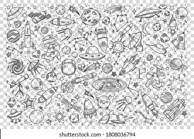 Space doodle set Collection of hand drawn sketches templates patterns of cosmic objects stars and planets with meteors and black holes on transparent background. Universe or galaxy illustration.