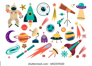 Space doodle set. Collection science fiction drawing of astronaut with spacesuit planets and stars with meteors and rockets. Universe or galaxy earth and mars abstract vector illustration for print.