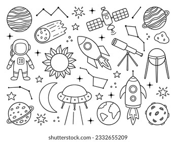 Space doodle set. Cosmic rocket, planets, telescope, astronaut, moon, sun, astrology, constellations in sketch style. Hand drawn vector illustration isolated on white background