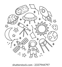 Space doodle set. Cosmic rocket, planets, telescope, astronaut, moon, sun, astrology, constellations in sketch style. Hand drawn vector illustration isolated on white background