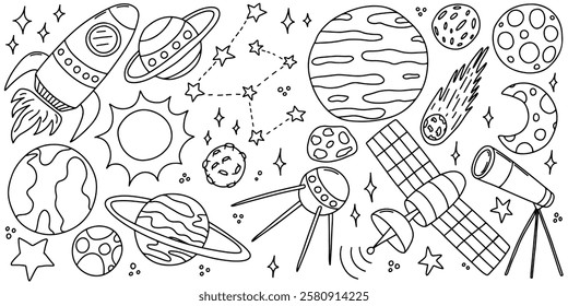 Space doodle set in hand drawn style. Vector space elements, rocket, planets, stars, asteroids, ufo set