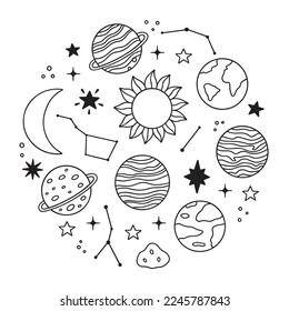 Space doodle set. Planets, stars, constellations, moon in sketch style. Solar system. Hand drawn vector illustration isolated on white background