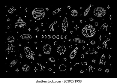 Space doodle set. White Planet, rockets, stars, comets, ufo, asteroid, moon, constellations on black background. Outline astronomical objects collection. Vector childrens education cute illustration