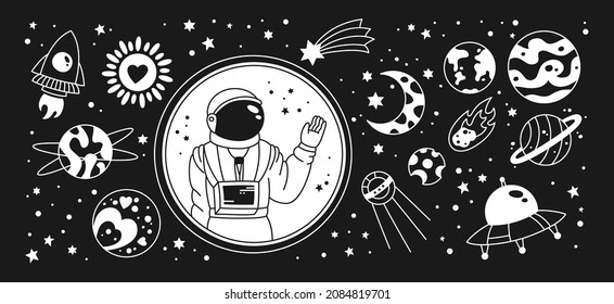Conjunto de boceto de doodles espaciales. Planetas astronómicos dibujados a mano, cohetes, cometas y estrellas, sol, constelaciones y astronautas. Estilo retro cielo nocturno niños naves espaciales y cuerpos celestes, vector astronómico