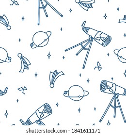 Doodle espacial con telescopio, planetas, luna, estrellas y cometas. El espacio ultraterrestre es un modelo transparente. Ilustración vectorial dibujada a mano en estilo doodle