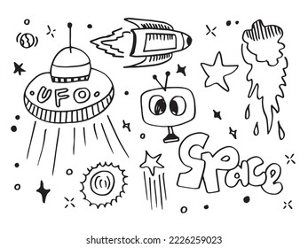 Space doodle vector elements.hand draw set of space icon on white background.