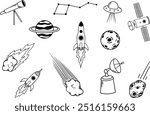 Space doodle vector illustration. Hand drawn outer space, Universe or galaxy elements. Collection of  sketches templates  of cosmic objects stars,  planets, meteors, rocket, spaceship, satellite