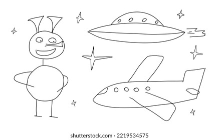 Space doodle vector illustration. Hand drawn children's drawing of space elements. Alien, flying saucer, stars, spaceship. Black and white illustration in children's style