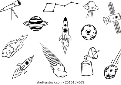 Ilustración vectorial de doodle espacial. Elementos dibujados a mano del espacio exterior, del universo o de la galaxia. Colección de bocetos Plantillas de objetos cósmicos estrellas, planetas, meteoros, cohetes, naves espaciales, satélites