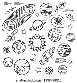 Space doodles. Astrology doodles. Moon, mars, jupiter, venus, earth, neptune, saturn, pluto, solar system, rocket, galaxy, black hole