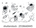
Space doodles, astronaut and alien friends vector