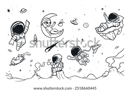 
Space doodles, astronaut and alien friends vector