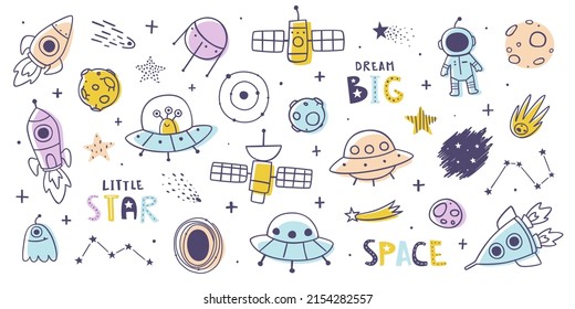 Space Doodles Bundle. Outline Cosmic Doodle Collection. Set Of Cute Outer Space Cartoon Prints And Lettering.
