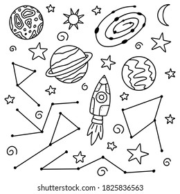 Space doodles collection inked in black and isolated on white background. Hand drawn vector illustration.
