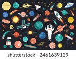 Space doodles collection, planets, stars and shuttle icons, vector illustrations of solar system, satellite and rocket, cute childish design for astronomy book, science collection, universe drawings