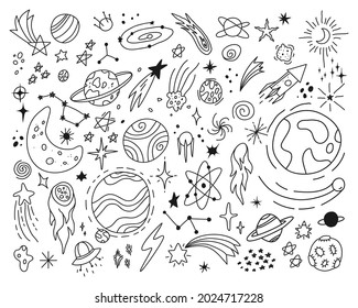 Space doodles, cute stars and planets sketch drawings. Hand drawn spaceship, ufo, planet, galaxy, moon, asteroid. Astrology doodle vector set. Celestial bodies, astronomy science objects