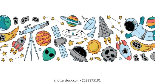 Space doodles horizontal border for prints, cards, posters, invitations, banners decor. EPS 10