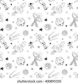 Space doodles icons seamless pattern. Hand drawn sketch with meteors, Sun and Moon, radar, astronaut rocket and stars. vector illustration isolated.