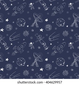 Space doodles icons seamless pattern. Hand drawn sketch with meteors, Sun and Moon, radar, astronaut rocket and stars. vector illustration.