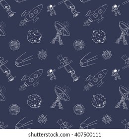 Space doodles icons seamless pattern. Hand drawn sketch with meteors, Sun and Moon, radar, astronaut and rocket. vector illustration.