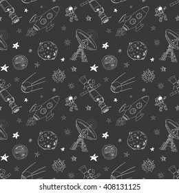 Space doodles icons seamless pattern. Hand drawn sketch with meteors, Sun and Moon, radar, astronaut rocket and stars. vector illustration on chalkboard.