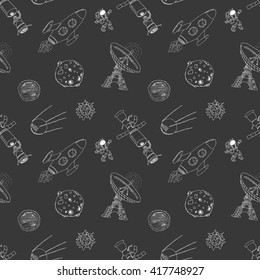 Space doodles icons seamless pattern. Hand drawn sketch with meteors, Sun and Moon, radar, astronaut and rocket. vector illustration on chalkboard.