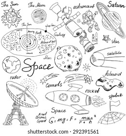 Space doodles icons set. Hand drawn sketch with Solar system, planets meteors and comets, Sun and Moon, radar, astronaut rocket and stars. vector illustration isolated background.