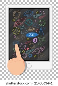 Space doodles with ipad and finger on grid background illustration