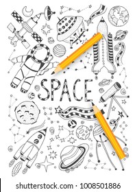Space doodles objects hand drawn cartoon set of vector illustration